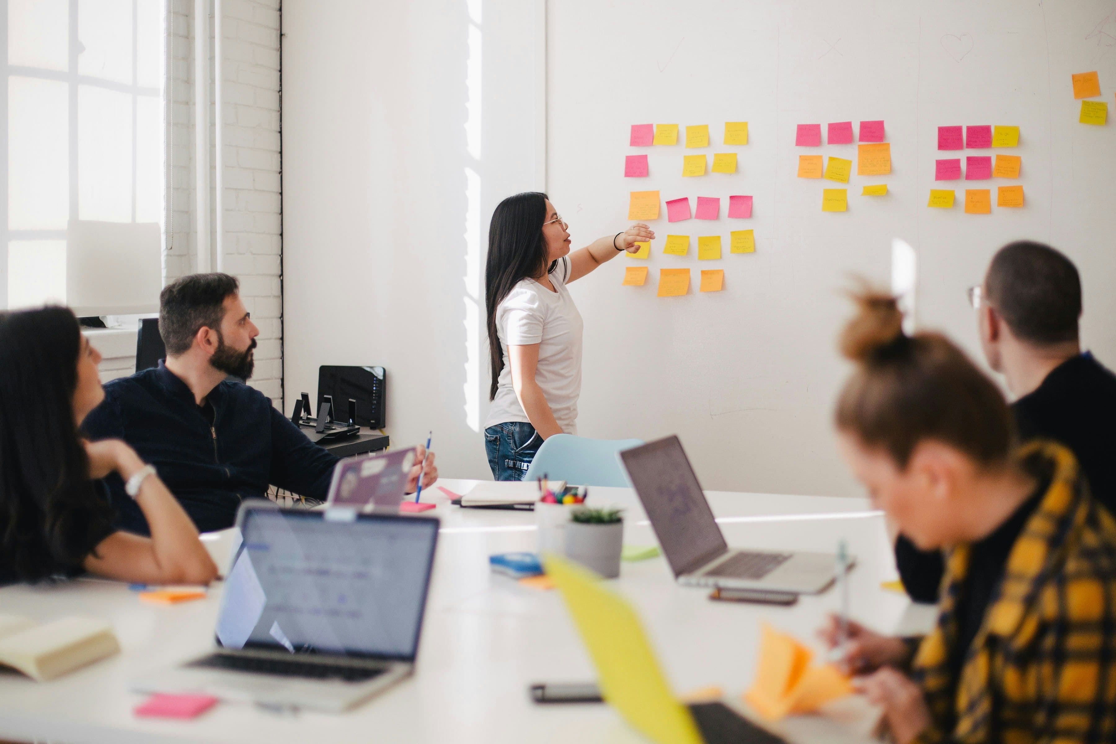 A team during a working meeting by a glass wall with sticky notes